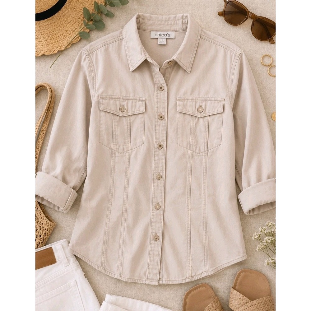 Chico's 2.5 Tan Women's Utility Shirt Large 100% Lyocell Shacket Safari Coastal